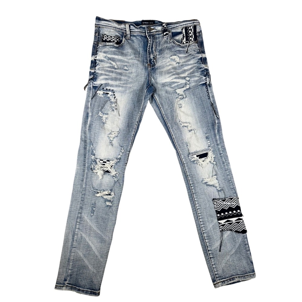 Preme Mens Distressed Patchwork Slim Fit Jeans Light Wash Blue 34W 33L RN149839